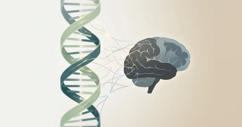 Stilisierte DNA-Doppelhelix mit Verbindungslinien zu einer abstrakten Hirnsilhouette