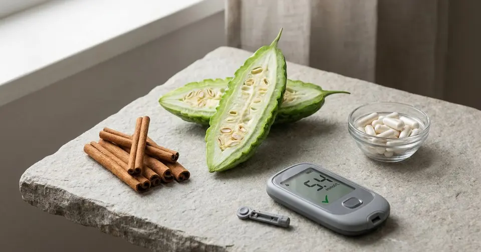 DiabetoDyn Erfahrungen: Bittermelone, Ceylon-Zimt und Kapseln neben einem Blutzuckermessgeraet