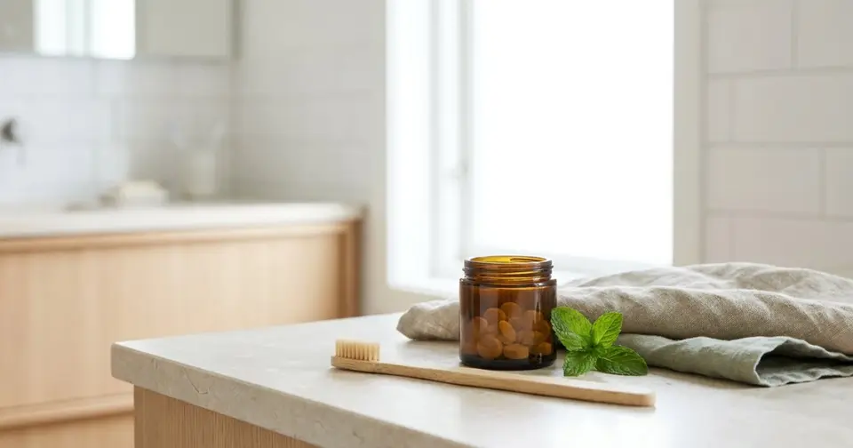Mundflora aufbauen: Bambuszahnbürste und Zahnpasta-Tabs im Glas