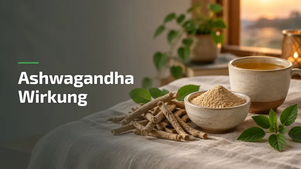 Ashwagandha Wirkung: getrocknete Wurzeln, Wurzelpulver und ein warmer Abendtrunk