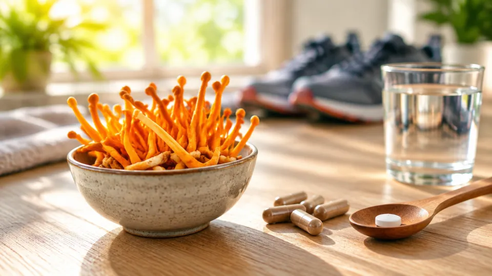 Orangefarbene Cordyceps-Pilze in einer Schale neben Cordyceps-Kapseln und einer Schmelzpastille, im Hintergrund Laufschuhe