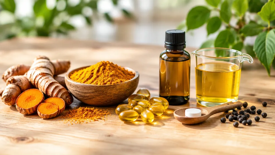 Curcumin-Formen im Vergleich: Kurkumawurzel, Pulver, Kapseln, flüssiges Curcumin und Schmelzpastille auf einem Holztisch