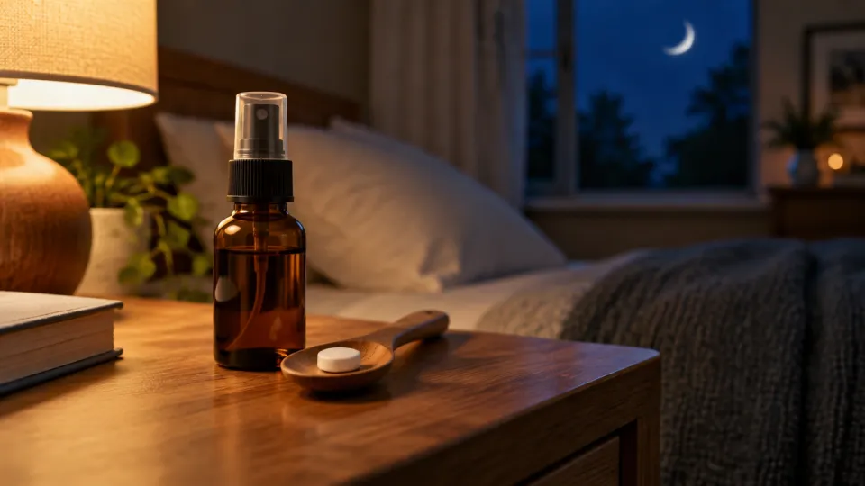 Melatonin-Spray und Melatonin-Schmelzpastille auf einem Holzlöffel am Nachttisch am Abend