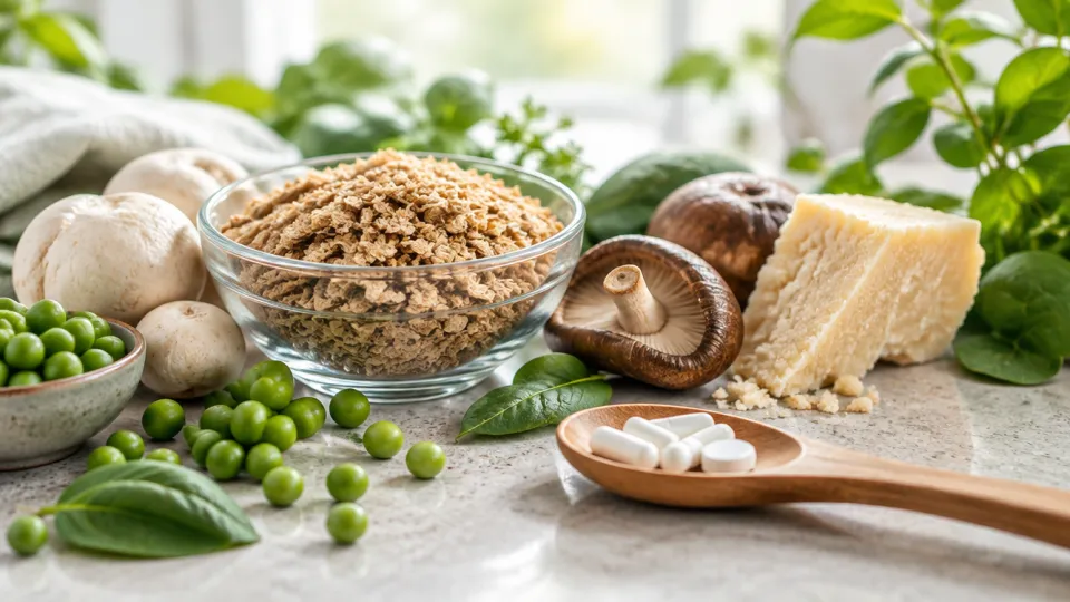 Spermidinreiche Lebensmittel wie Weizenkeime, Pilze, Käse und Erbsen neben Spermidin-Kapseln und Schmelzpastille