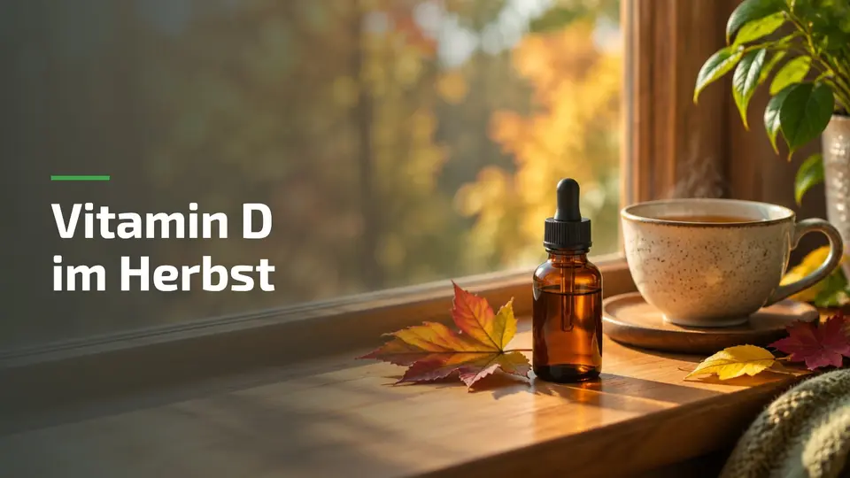 Vitamin D Empfehlung: Tropfflasche im Herbstlicht auf der Fensterbank