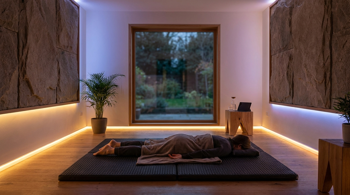 Frequenzmatte – Person liegt entspannt auf dunkler Wellnessmatte zur Regeneration