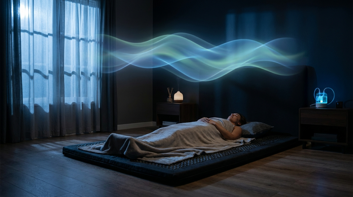 Frequenzmatte Schlaf – Person liegt entspannt auf einer therapeutischen Matte mit blauen Frequenzwellen