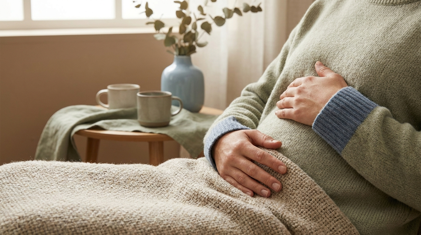 Blähbauch was hilft: Hände sanft auf dem Bauch als Symbol für Verdauung und Wohlbefinden