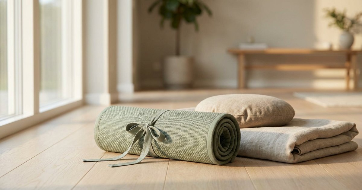 Akupressurmatte Wirkung: zusammengerollte Matte mit Decke und Kissen