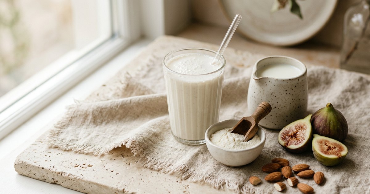 Casein Unvertraeglichkeit: Proteinshake, Proteinpulver und Milchkaennchen auf hellem Stein