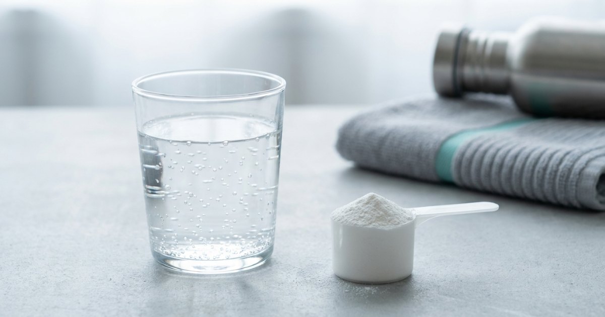 Elektrolyte beim Sport: Glas mit Mineralstoffgetränk, Messlöffel und Handtuch