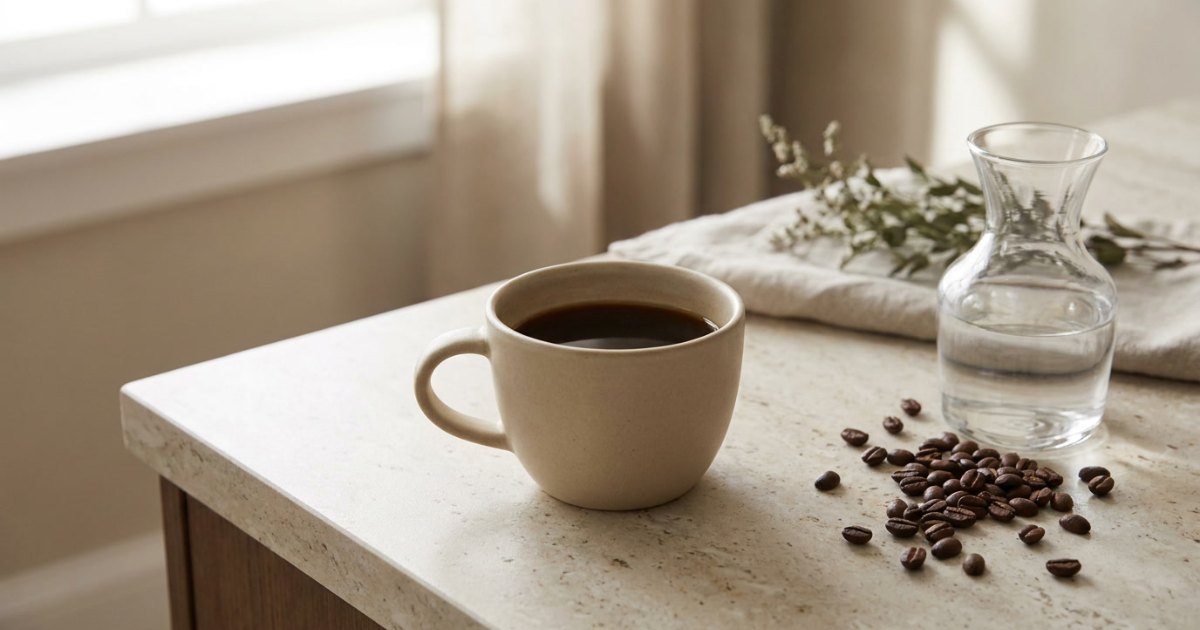 Tasse schwarzer Kaffee neben Kaffeebohnen und einer Karaffe Wasser als Sinnbild für die Entkoffeinierung mit Wasser
