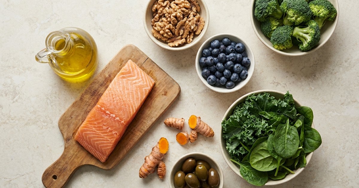 Olivenöl, Lachs, Walnüsse, Beeren, Brokkoli und Kurkuma als Grundlage einer entzündungshemmenden Ernährung
