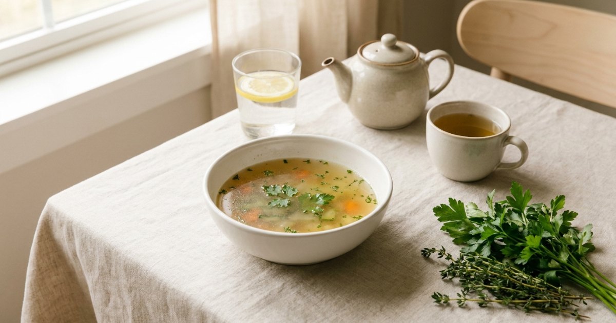 Klare Gemüsebrühe, ein Glas Wasser mit Zitrone und Kräutertee als Sinnbild für eine Fastenwoche zu Hause