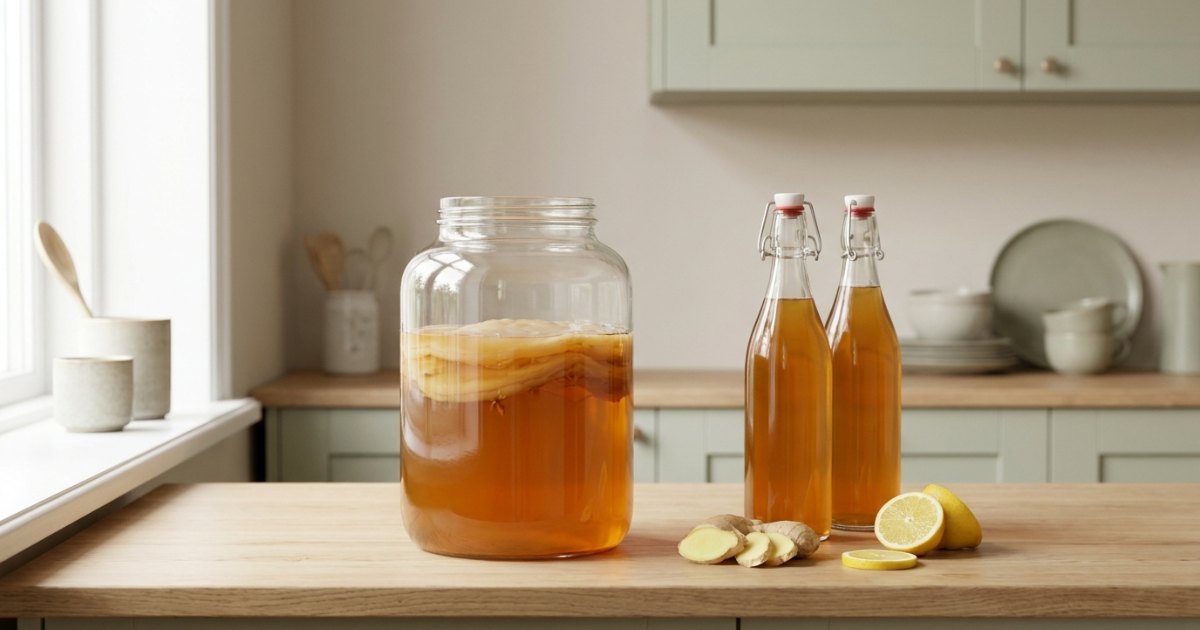 Kombucha selber machen: Gärgefäß mit Scoby und abgefüllte Flaschen