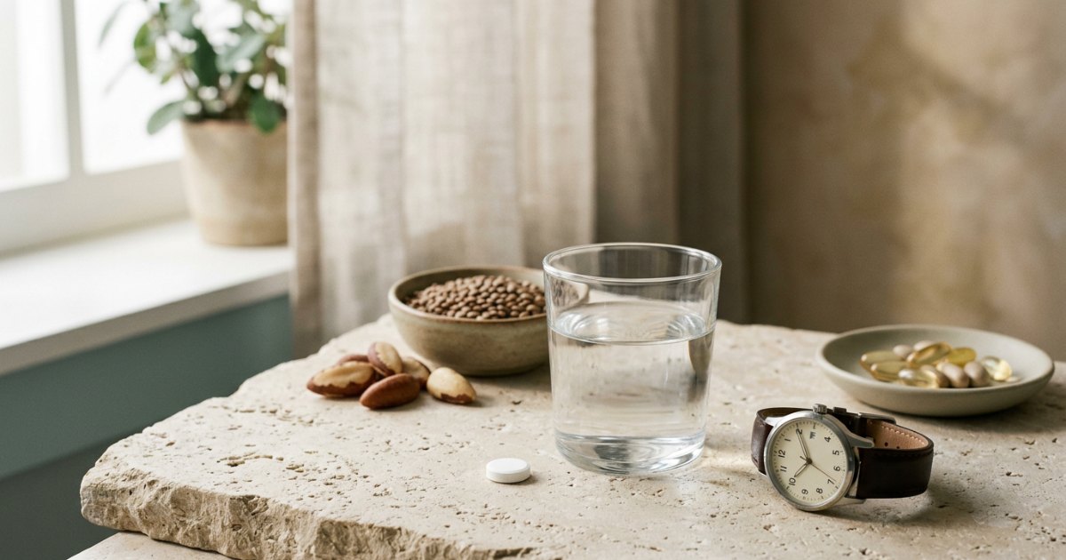 L-Thyroxin Einnahme: Tablette mit Wasserglas am Morgen, Kapseln mit Abstand daneben