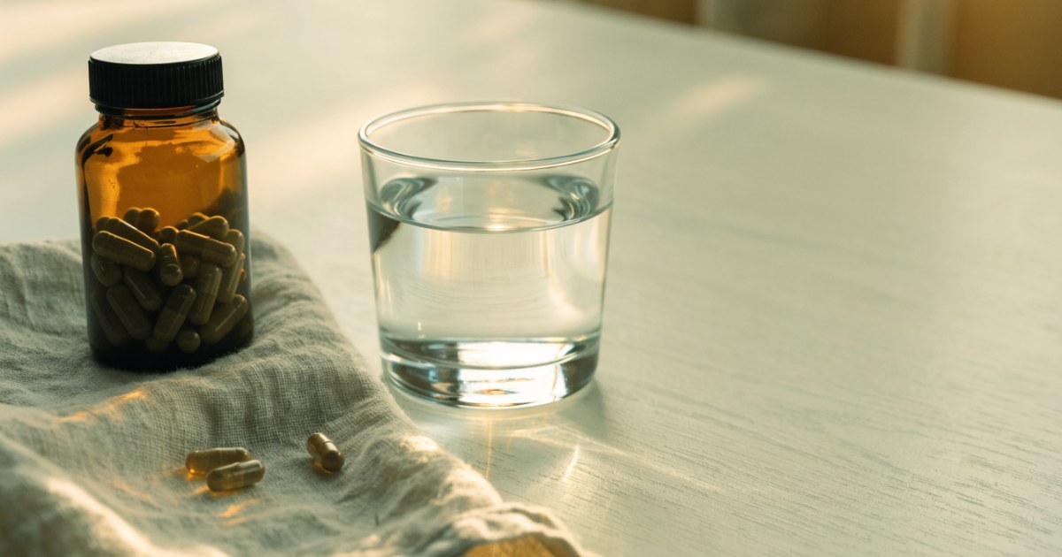 Lindthal Cell Energy Erfahrungen: Supplement-Flasche und Kapseln neben einem Glas Wasser im Morgenlicht