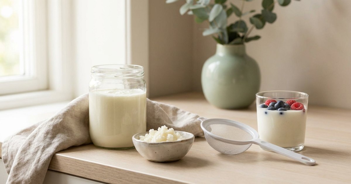 Milchkefir selber machen: Glas mit fertigem Kefir und Kefirknollen