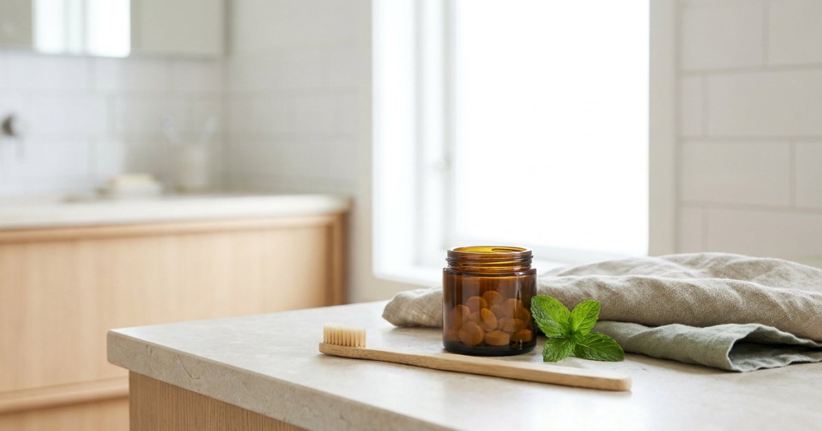 Mundflora aufbauen: Bambuszahnbürste und Zahnpasta-Tabs im Glas
