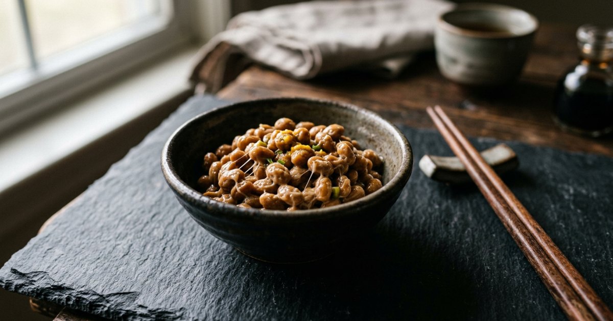 Fermentierte Natto-Sojabohnen in einer Keramikschale