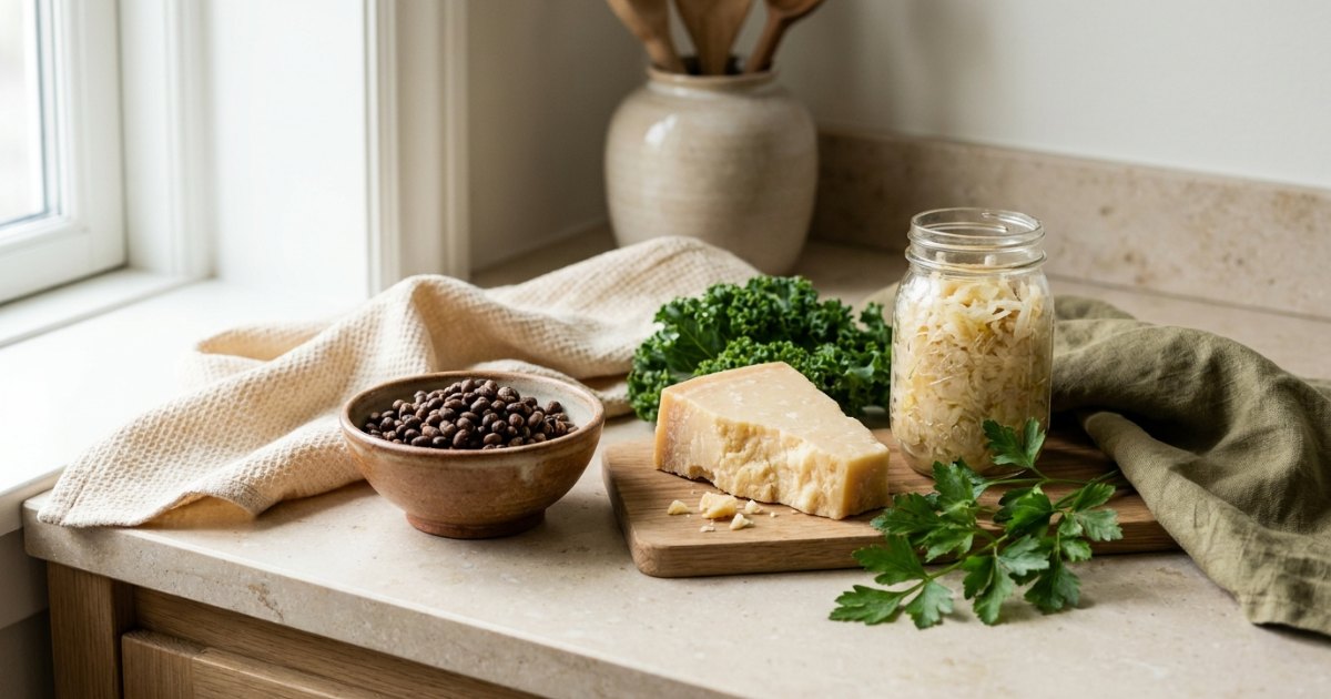 Fermentierte Lebensmittel mit Vitamin K2: Natto, gereifter Käse, Sauerkraut und grünes Blattgemüse
