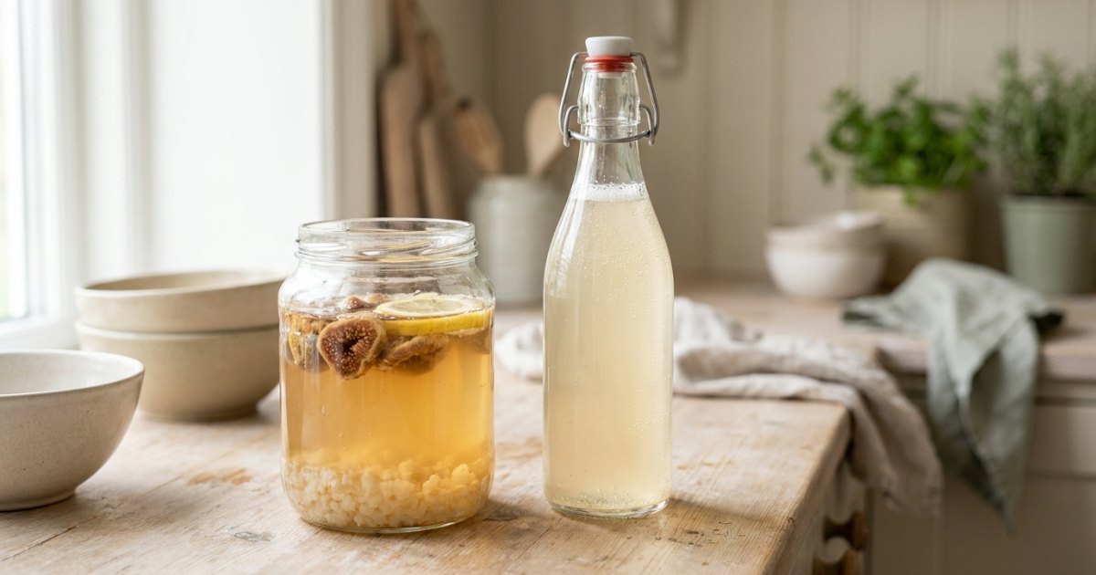 Wasserkefir ansetzen: Glas mit Kristallen, Trockenfrüchten und Zitrone