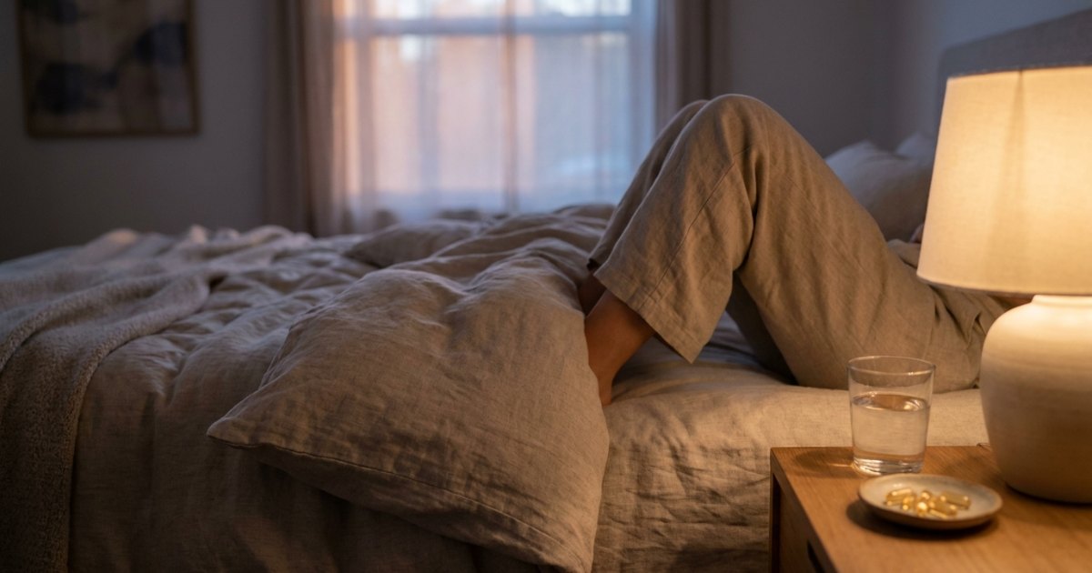 Welches Eisenpraeparat bei Restless Legs: ruhiges Schlafzimmer mit Wasserglas und Kapseln