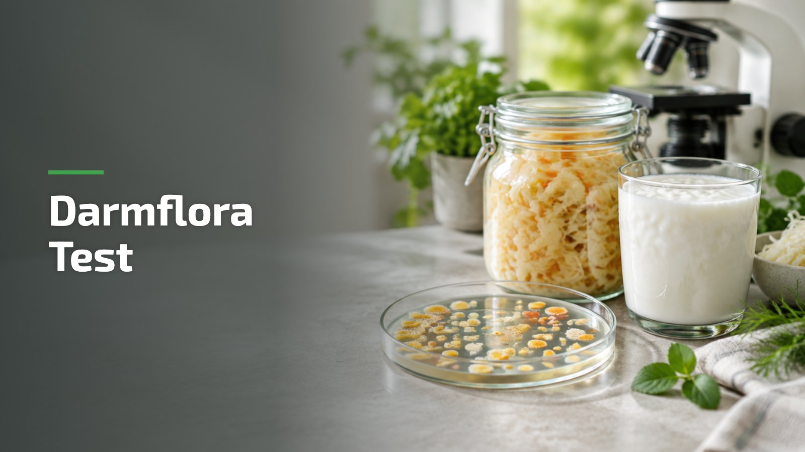 Darmflora Test: Bakterienkulturen in der Petrischale neben Sauerkraut und Kefir