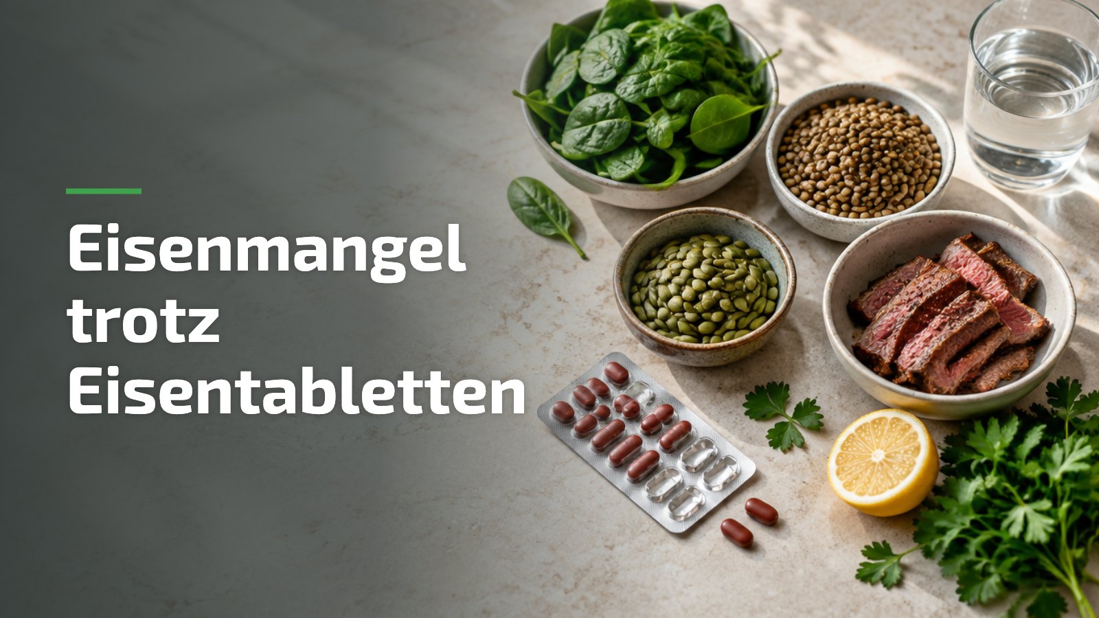 Eisenmangel trotz Eisentabletten: eisenreiche Lebensmittel wie Spinat, Linsen und Kürbiskerne neben Eisentabletten